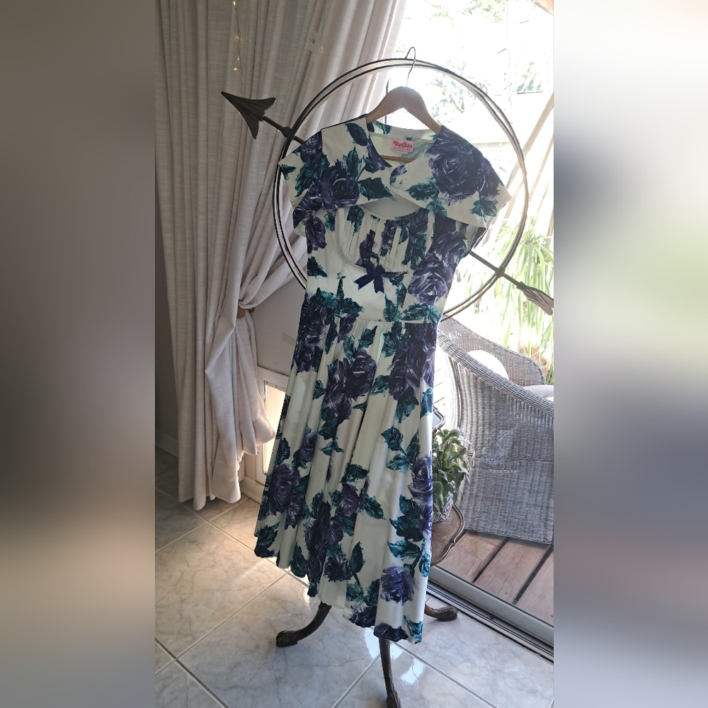Floral Dress with Blue and Green Roses